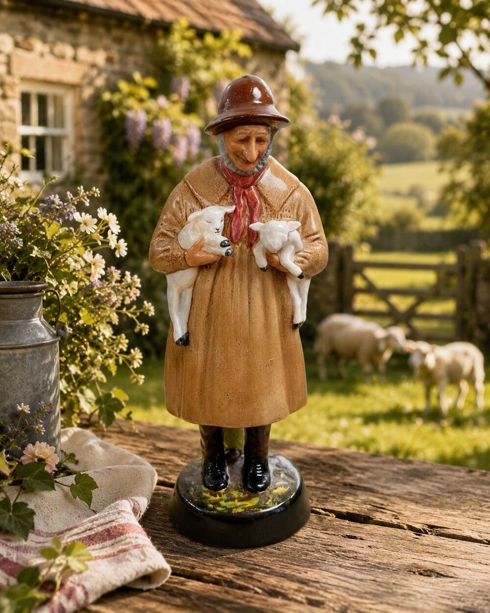 Royal Doulton Lambing Time HN1890 Shepherd & Lambs Figurine England 10”